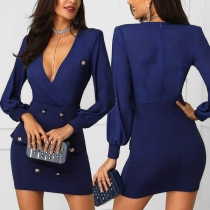OL Style Long Sleeve V-neck Double-breasted Slim Fit Dress