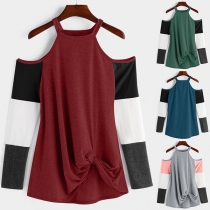 Sexy Off-shoulder Contrast Color Long Sleeve Twisted Hem T-shirt