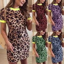 Fashion Short Sleeve Round Neck Slim Fit Leopard Print Dress