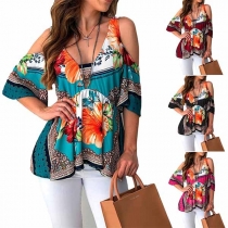 Sexy Off-shoulder Short Sleeve V-neck Printed Top