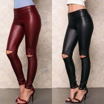 Fashion Solid Color High Waist Ripped Slim Fit PU Leather Pants