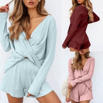 Sexy Crossover V-neck Long Sleeve Top + Shorts Two-piece Set