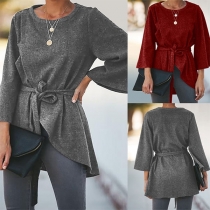 Fashion Solid Color Long Sleeve Round Neck High-low Hem Top