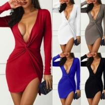 Sexy Deep V-neck Long Sleeve Slim Fit Twisted Dress