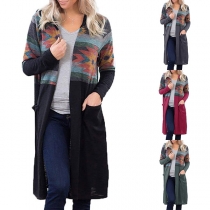 Fashion Printed Spliced Long Sleeve Hooded Knit Cardigan