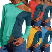 Sexy Off-shoulder Long Sleeve Contrast Color T-shirt