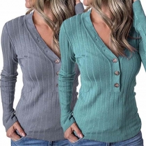 Fashion Solid Color Long Sleeve V-neck T-shirt