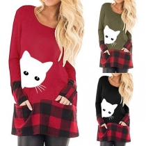 Cute Cat Printed Plaid Spliced Long Sleeve Round Neck Top