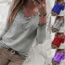 Fashion Sequin Spliced V-neck Long Sleeve T-shirt