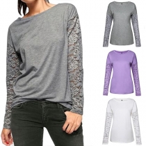 Fashion Lace Spliced Long Sleeve Round Neck T-shirt 