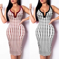 Fashion Sleeveless V-neck Slim Fit Plaid Dress