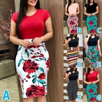 Fashion Short Sleeve Round Neck Printed Spliced Slim Fit Pencil Dress
