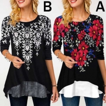 Fashion 3/4 Sleeve Round Neck Irregular Hem Printed Top