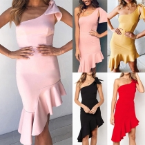Sexy One-shoulder Irregular Ruffle Hem Solid Color Dress