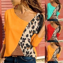 Fashion Leopard Spliced Contrast Color Oblique V-neck T-shirt