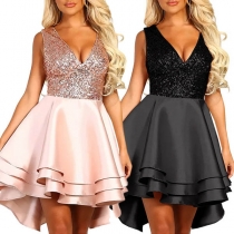 Sexy Deep V-neck Sleeveless High-low Hem Sequin Spliced Dress