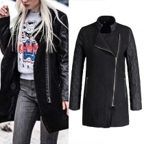 Fashion PU Leather Spliced Long Sleeve Stand Collar Oblique Zipper Coat