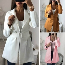 OL Style Long Sleeve Solid Color Blazer Coat with Waist Strap 