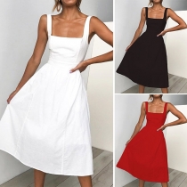 Sexy Backless Square Collar High Waist Solid Color Sling Dress