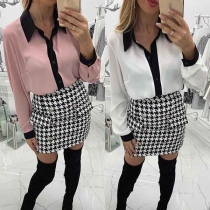 Fashion Contrast Color Long Sleeve POLO Collar Shirt 