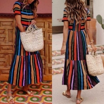 Fashion Short Sleeve Round Neck Rainbow Striped Maxi Dress