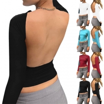 Sexy Crossover Backless V-neck Solid Color Slim Fit T-shirt