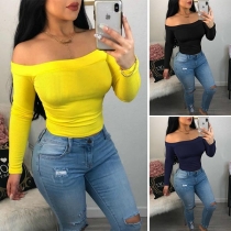 Sexy Off-shoulder Boat Neck Long Sleeve Solid Color T-shirt