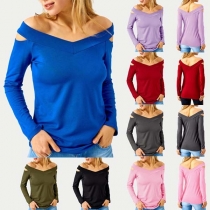 Sexy V-neck Hollow Out Long Sleeve Solid Color T-shirt