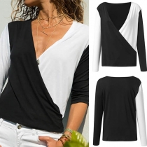Fashion Long Sleeve Crossover V-neck Contrast Color T-shirt