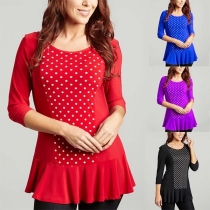 Fashion 3/4 Sleeve Round Neck Ruffle Hem Dots Printed T-shirt