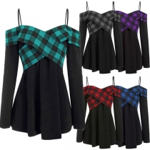 Sexy Off-shoulder Long Sleeve Plaid Spliced Sling Top