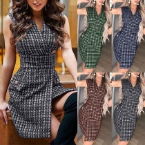 Sexy V-neck Slit Hem Sleeveless High Waist Slim Fit Printed Dress