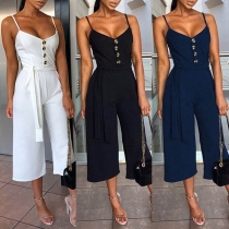 Sexy Backless V-neck High Waist Solid Color Sling Jumpsuit 