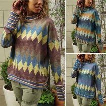 Fashion Striped Spliced Long Sleeve Round Neck Rhombus Printed T-shirt