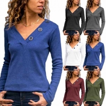 Fashion Solid Color Long Sleeve V-neck T-shirt