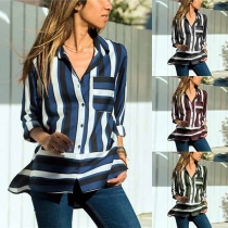 Fashion Long Sleeve POLO Collar Irregular Striped Shirt