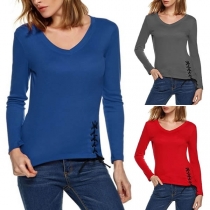 Fashion Solid Color V-neck Irregular Lace-up Hem T-shirt