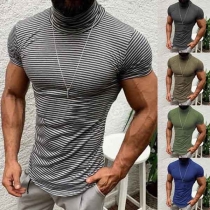 Fashion Short Sleeve High Neck Men's Striped T-shirt