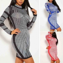 Fashion Long Sleeve Mock Neck Slim Fit Printed Dress