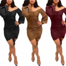 Fashion Solid Color Deep V-neck Long Sleeve Slim Fit Over-hip Dress