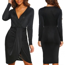 Fashion Solid Color Deep V-neck Long Sleeve Irregular Hemline Twisting Dress