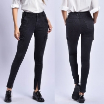 Fashion Solid Color Slim Fit Pockets Slit Cuff Pants