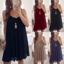 Fashion Solid Color Deep V-neck Sleeveless Pleated Hemline Dress