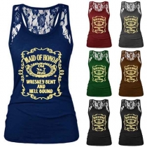 Fashion Contrast Color Round-neck Sleeveless Lace Spliced  Letters Printed Top