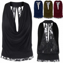 Fashion Solid Color Deep V-neck Lace Spliced Embroidered Sleeveless Hollow Out Top
