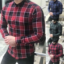 Fashion Contrast Color Long Sleeve Single-breasted Plaid Men's Shirt