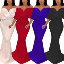 Fashion Solid Color Deep V-neck Backless Short Sleeve Over-hip Dress