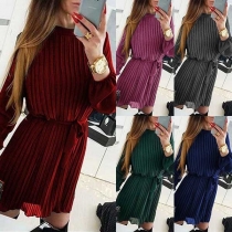 Fashion Solid Color Long Sleeve Mock Neck Pleated Dress