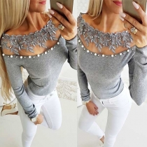 Sexy See-through Lace Spliced Boat Neck Long Sleeve Beaded T-shirt