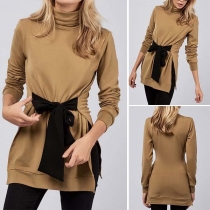 Fashion Long Sleeve Turtleneck Slit Hem Lace-up T-shirt 
